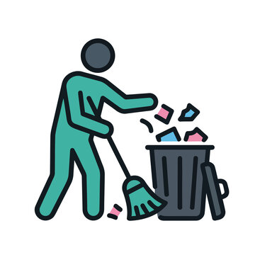Person sweeping trash into a bin