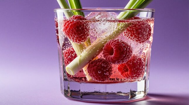 Pink raspberry drink in glass cup with lemongrass sticks, ice cubes, bubbles. Fresh fruit beverage on purple background. Cool summer cocktail, healthy natural refreshment, vibrant studio food photo.