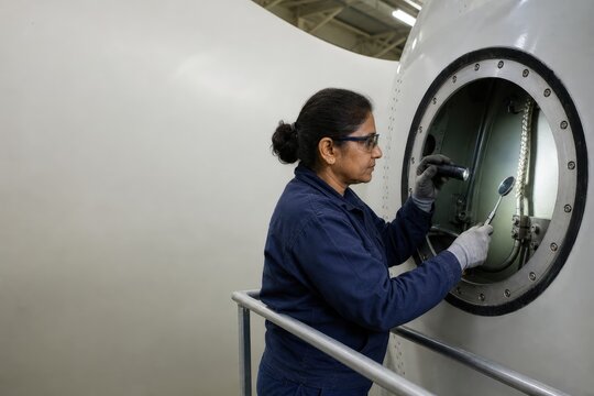 Wind turbine lightning protection inspection - a woman inspecting a conductor inside a blade root