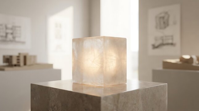 A glowing translucent cube displayed on a stone pedestal in an art gallery