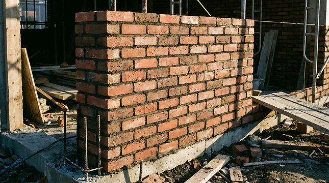 A newly constructed brick wall standing at a residential construction site