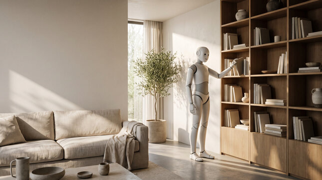 Gentle humanoid robotic assistant organizing books on a shelf in a bright modern minimalist living room