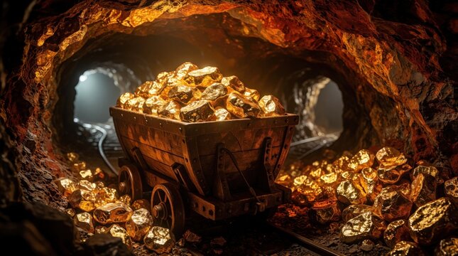 Wooden mine cart full of shiny gold nuggets in dark underground tunnel. Heavy ore pile on tracks inside deep mine shaft. Concept of wealth, treasure discovery, mining industry in mountain cave with