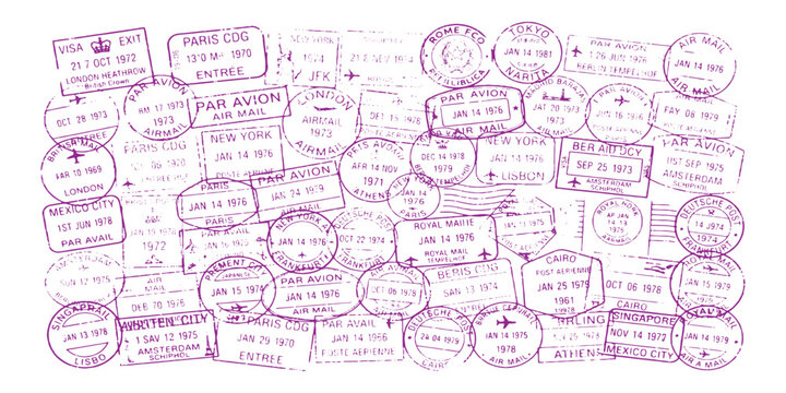 Vintage purple ink passport stamps seamless pattern background with international travel visa marks vector illustration.