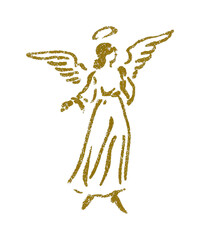 Obraz premium PNG Golden sketch of an angelic female figure with wings and halo