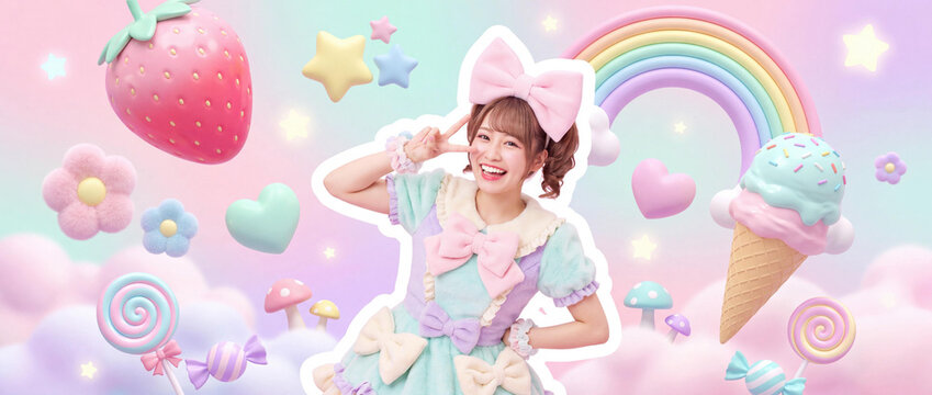 Harajuku Style Japanese Woman Smiling in Pastel Dreamland with Giant Strawberry and Rainbow Sweets