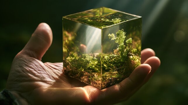 A hand-held glass cube containing a miniature, pristine ecosystem, with a soft green glow and sun rays