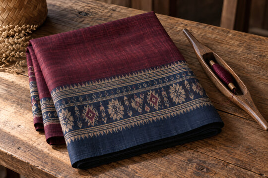 Traditional Lao Handwoven Textile with Geometric Border