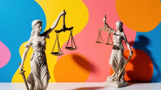 Two Lady Justice statues hold golden scales against colorful abstract background. Blindfolded female figures carry sword, balance weight. Concept of law, fairness, equality with vibrant pop art