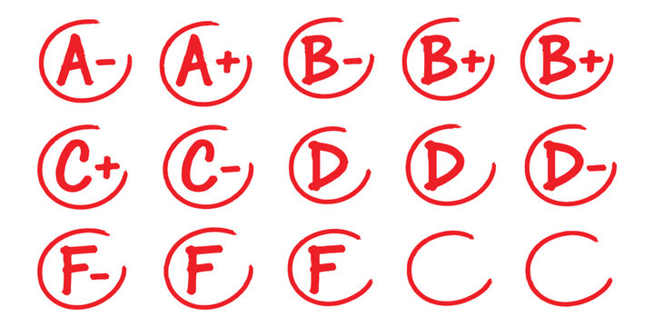 Red school grade marks set with A plus and fail F letter exam results handwritten vector illustration.