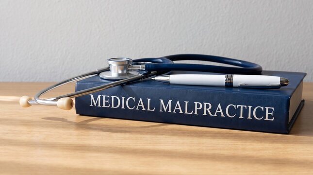 Medical malpractice law book with stethoscope and pen on wooden table