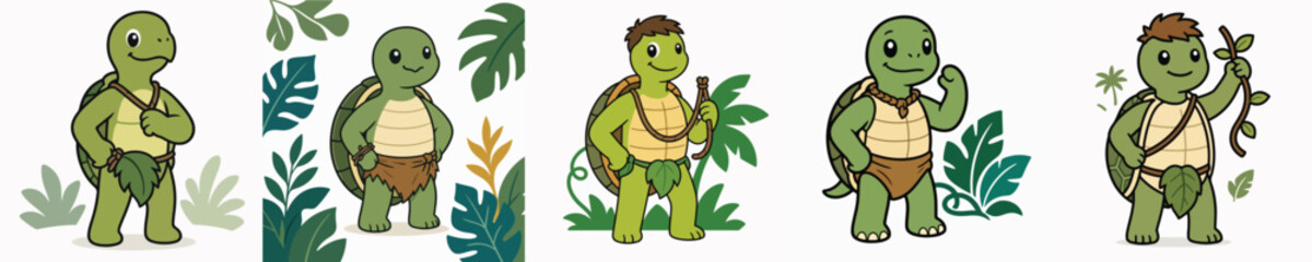 Obraz premium Set of vector illustrations of a cute turtle standing and posing in a jungle Tarzan costume.