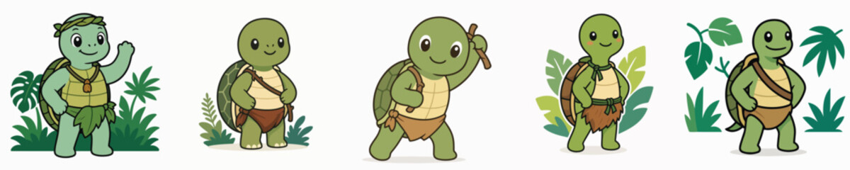 Obraz premium Set of vector illustrations of a cute turtle standing and posing in a jungle Tarzan costume.