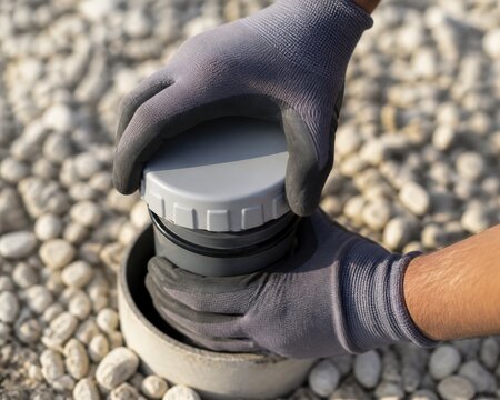 Geotechnical slope inclinometer monitoring - hands tightening a casing cap