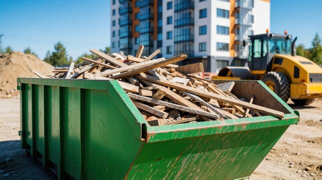 Green industrial dumpster filled with wooden debris at construction site. Large metal container holds scrap wood near new apartment building. Sunny day at urban development area with yellow heavy
