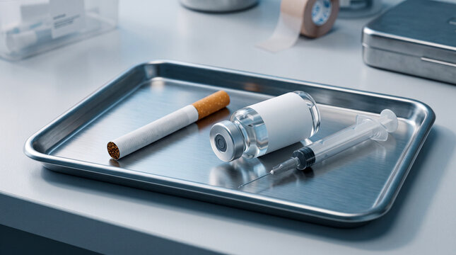 A cigarette, medical vial, and syringe resting on a sterile stainless steel tray in a clinical setting