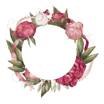 Watercolor peony floral wreath with soft pink blossoms, fresh green foliage, pearl accents, and elegant circular frame with open center for invitation, decor, branding, and seasonal design use