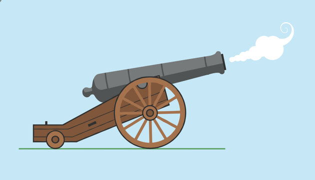 Side view of an antique iron cannon on a wooden carriage firing a puff of white smoke against a clear blue sky.