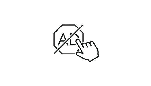 Internet ad blocker icon showing a cursor hand clicking on a stop sign with the word ad crossed out for browsing.