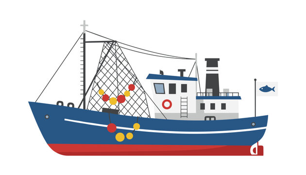 Blue commercial fishing trawler boat with nets and equipment shown as a detailed vector illustration for maritime industry themes.