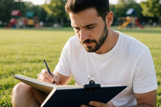 Young male artist sits on green grass in park. Man draws caricatures sketches in sketchbook with pen. Creative person focuses on art work outdoors during summer day. Hobbyist illustrator creates