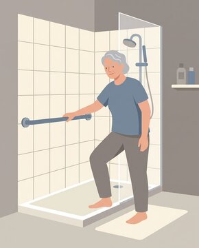 elderly woman using bathroom safety grab bar flat illustration - ai generated