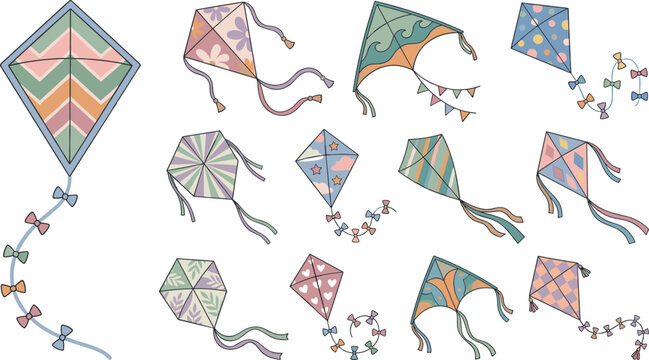 Cute pastel flying kites collection with bows ribbons and tails vector illustration set isolated on white background