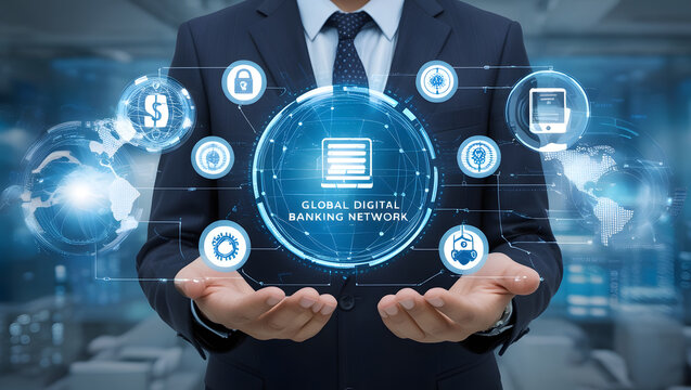 Business holding a digital banking interface with global financial network, secure online payment, fintech innovation, AI technology, mobile banking, cybersecurity and cashless transaction concept