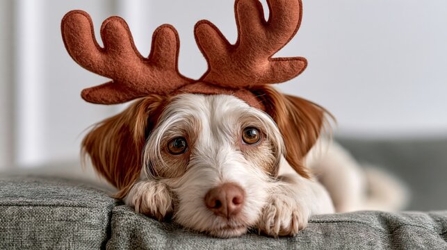 Funny small dog wearing reindeer antlers, unimpressed