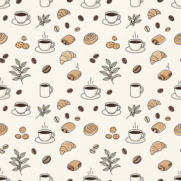 Coffee pattern seamless background with cups, croissants, and beans in a hand-drawn doodle style for cafe menu design and food packaging