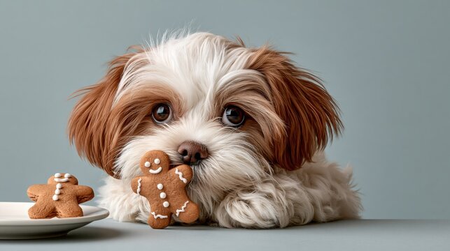 Funny dog stealing gingerbread man cookie, caught