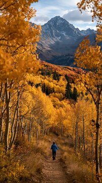 a serene autumn scene. A solitary figure, wearing a blue jacket, walks on a dirt path surrounded by aspen trees with goldenyellow leaves. The path winds through the forest.