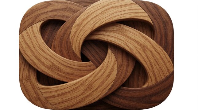 Abstract wooden pattern design with intertwining curved bands. Brown timber texture forms complex knot shape. Natural wood grain creates modern decorative background. Creative graphic element