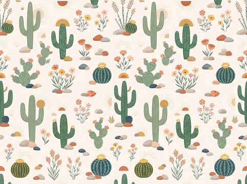 Seamless Desert Cactus Pattern with Wildflowers and Sun Shapes, Boho Style Vector Illustration for Textile and Wallpaper Design