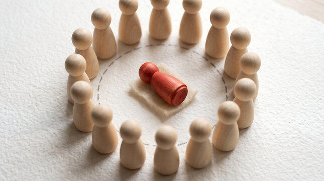 Group of wooden peg people standing in a circle around one red figure lying down concept of isolation exclusion bullying and standing out from the crowd