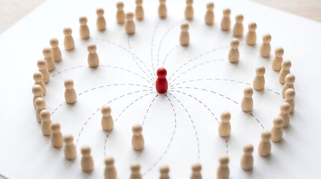 Red wooden peg figure standing at center with radiating dashed lines connecting to surrounding groups of wooden people symbolizing outreach influence and network marketing concept