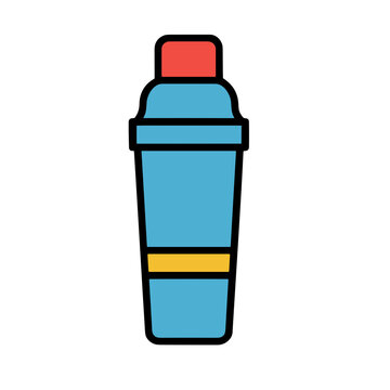 Blue cocktail shaker with red lid and yellow b