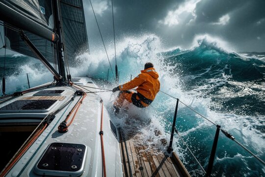 Sailor in orange waterproof jacket fights huge waves on sailboat. Extreme storm weather at sea with heavy splashing water. Man handles ropes on yacht deck during dangerous ocean voyage. Turbulent
