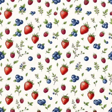 Seamless Berry Pattern with Fresh Strawberries and Blueberries, Hand Drawn Botanical Illustration for Textile and Wallpaper Design