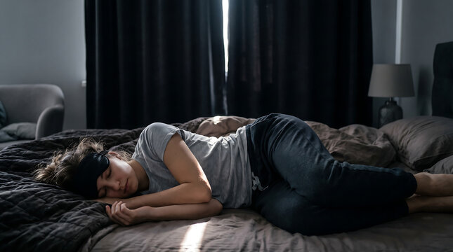 Young woman wearing sleep mask lying curled up on bed in dark bedroom with sunlight streaming through curtains resting and sleeping peacefully concept