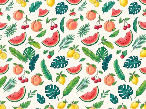 Summer Fruit Pattern with Watermelon Slices, Peaches, Cherries, and Tropical Leaves, Seamless Vector Illustration Background