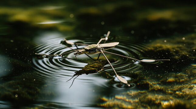 Macro shot of water strider insect on dark pond surface. Tiny bug creates circular ripples on calm water. Small aquatic creature lives in natural wetland habitat. Close up view shows long legs,