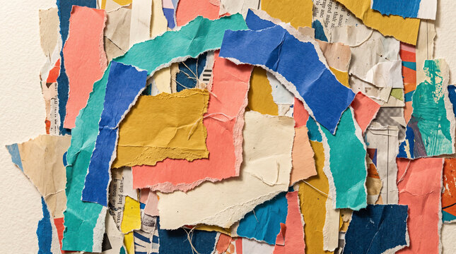 Vibrant artistic collage background texture made of assorted torn paper scraps in bright primary colors and neutral shades providing textured handcrafted look for creative design projects