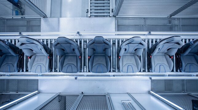 Car Seats on Conveyor Belt in Automotive Assembly Plant