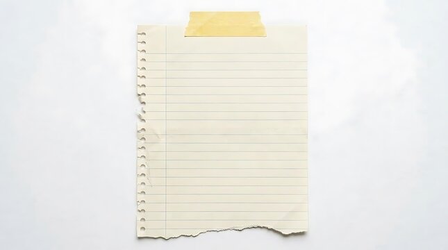 Torn lined notebook paper sheet taped to a white background with copy space