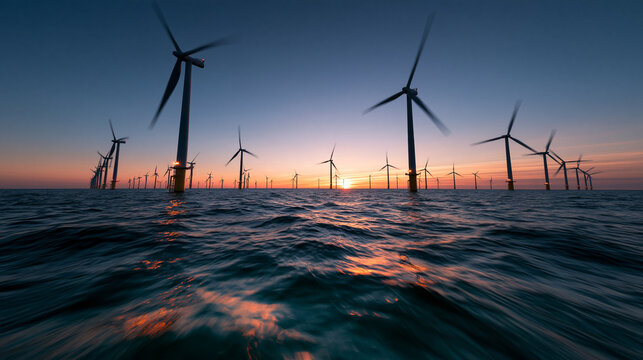 Offshore Wind Farm at Sunset with Turbines in Ocean