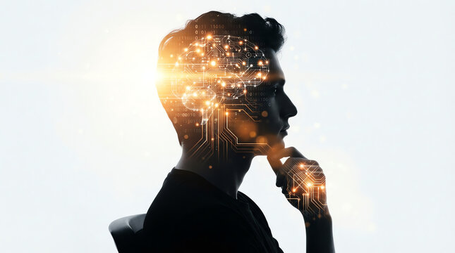 Conceptual silhouette of a thoughtful man with a glowing digital brain representing artificial intelligence and human innovation