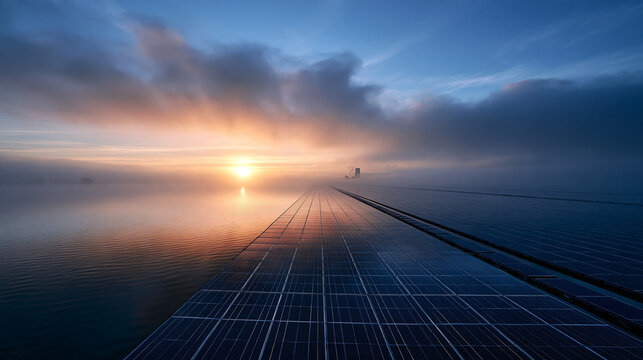 Floating Solar Panels on Water at Sunrise with Mist