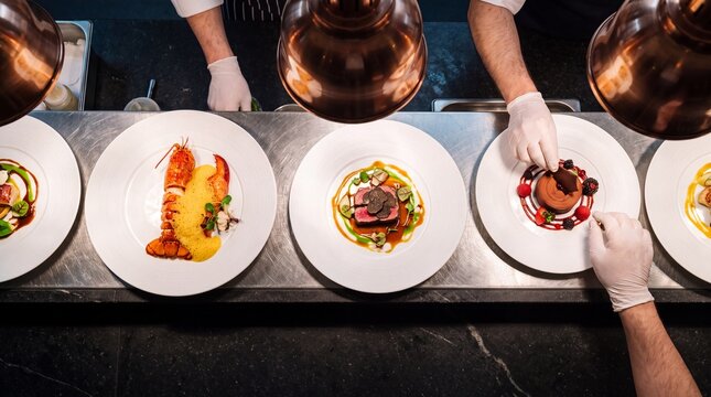 Chefs Plating Gourmet Dishes in Fine Dining Restaurant Kitchen