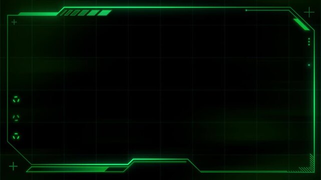 Green Neon HUD Frame, Matrix Cyber Grid, Futuristic Tech Interface, Glowing Digital Border, Gaming Display Panel, Black Background 4K seamless loop.